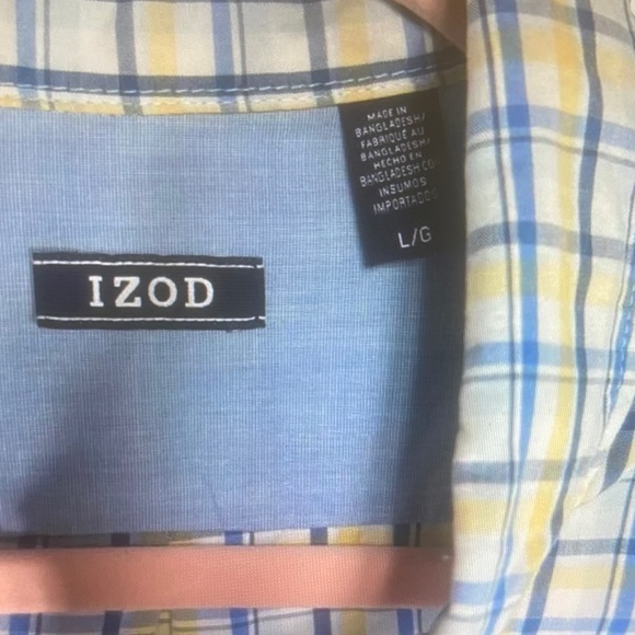 LZOD Shirt Mens Size LG Blue Yellow White Plaid Button Down Short Sleeve Pocket - Picture 5 of 8